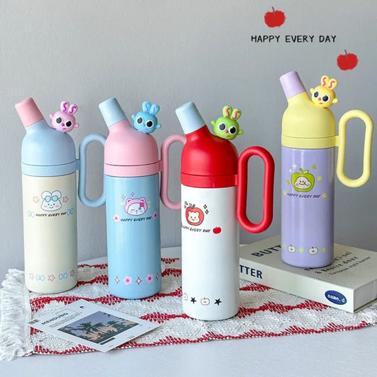 Kawaii Color-Block Insulated Tumbler | 3D Animal Lid & Easy-Grip Handle