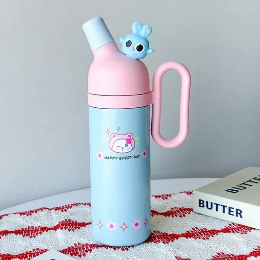 Kawaii Color-Block Insulated Tumbler | 3D Animal Lid & Easy-Grip Handle