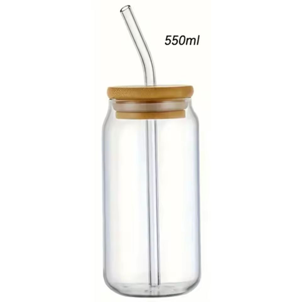 Minimalist Glass Can Tumbler with Bamboo Lid & Glass Straw | 550ml