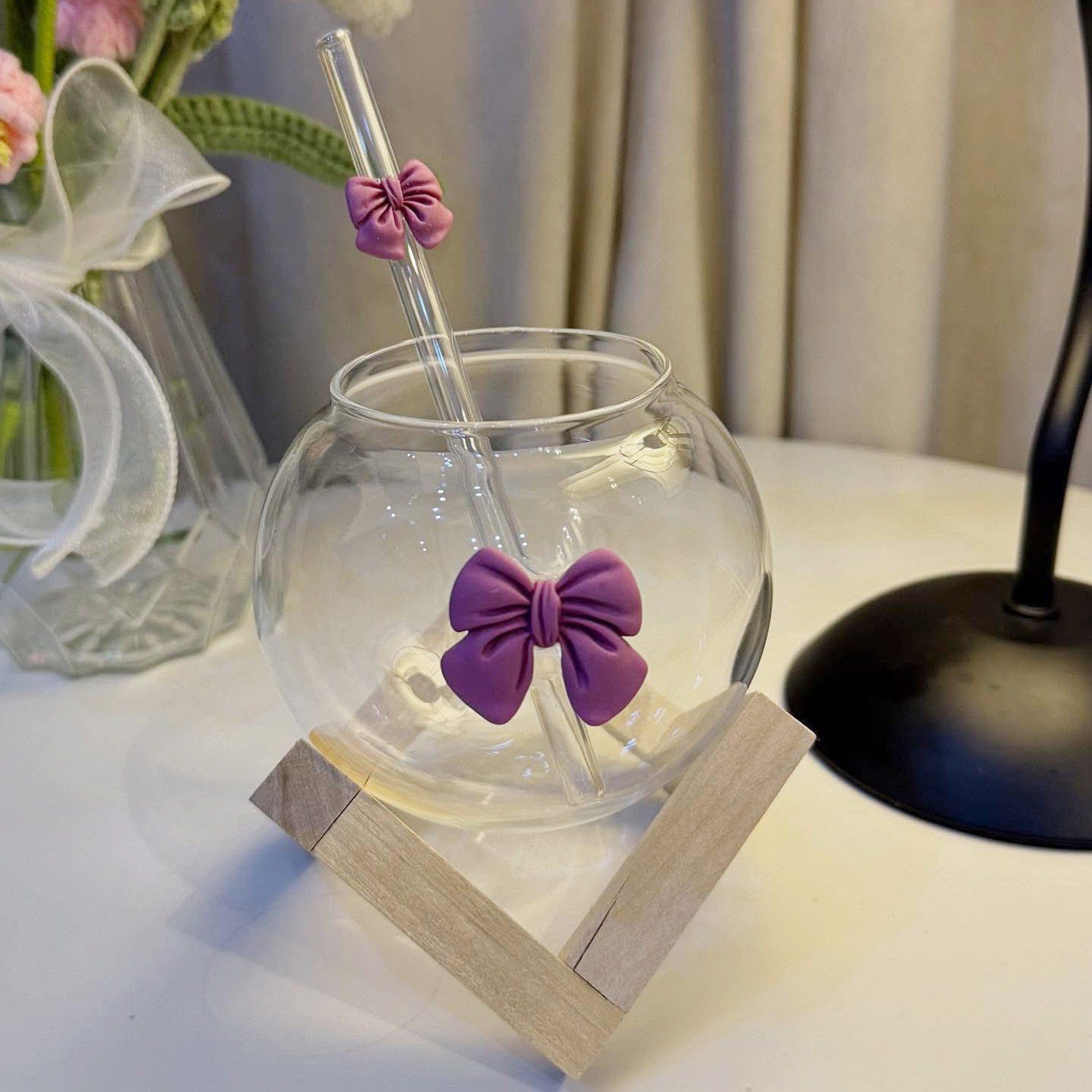 Modern Spherical Glass Tumbler with Geometric Wooden Stand | 475ml