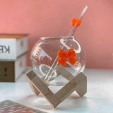 Modern Spherical Glass Tumbler with Geometric Wooden Stand | 475ml