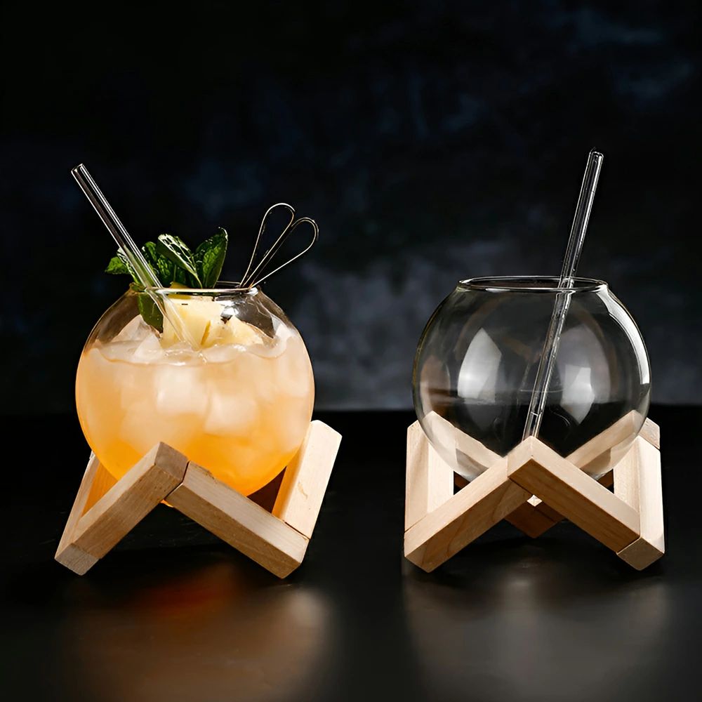 Modern Spherical Glass Tumbler with Geometric Wooden Stand | 475ml