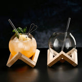 Modern Spherical Glass Tumbler with Geometric Wooden Stand | 475ml