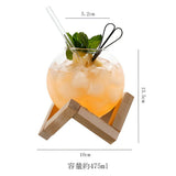 Modern Spherical Glass Tumbler with Geometric Wooden Stand | 475ml