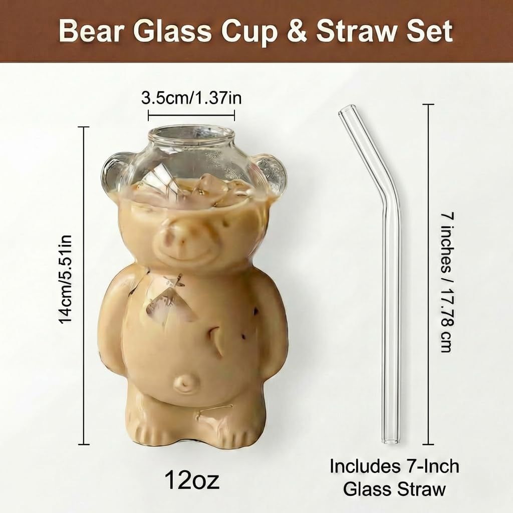 Aesthetic 3D Teddy Bear Glass Cup | Kawaii Iced Coffee Tumbler