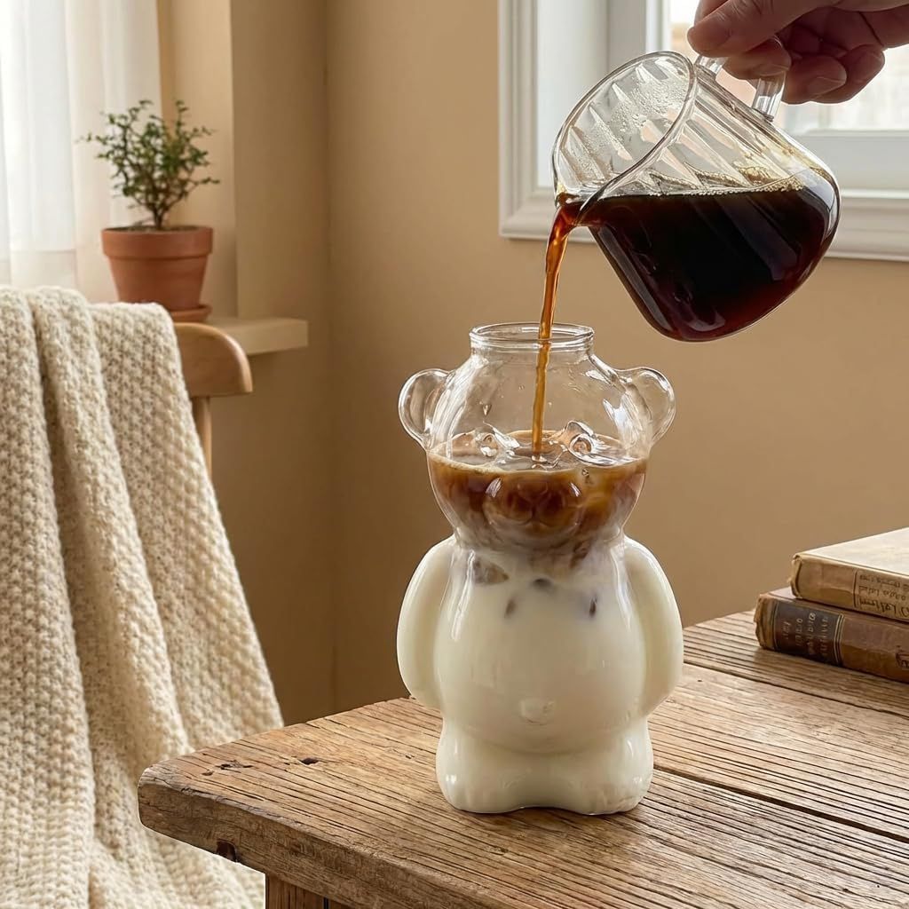 Aesthetic 3D Teddy Bear Glass Cup | Kawaii Iced Coffee Tumbler