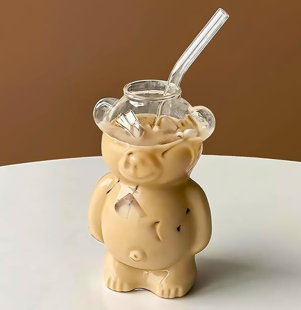Aesthetic 3D Teddy Bear Glass Cup | Kawaii Iced Coffee Tumbler