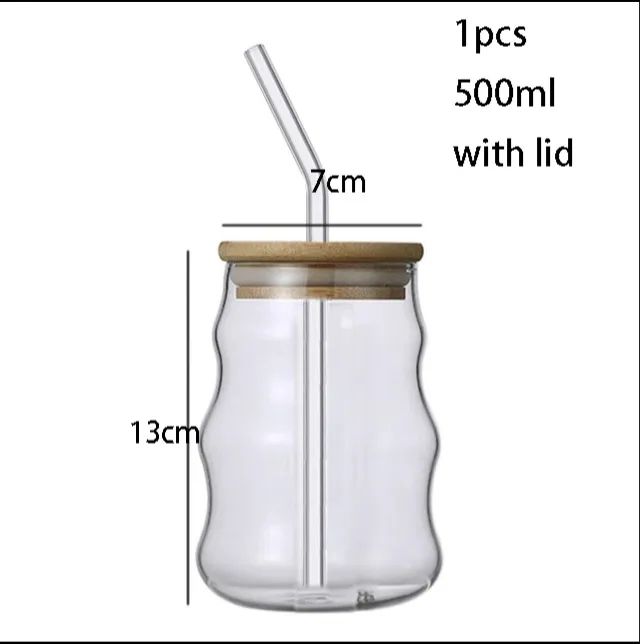 Minimalist Wavy Glass Tumbler with Bamboo Lid & Straw | 500ml