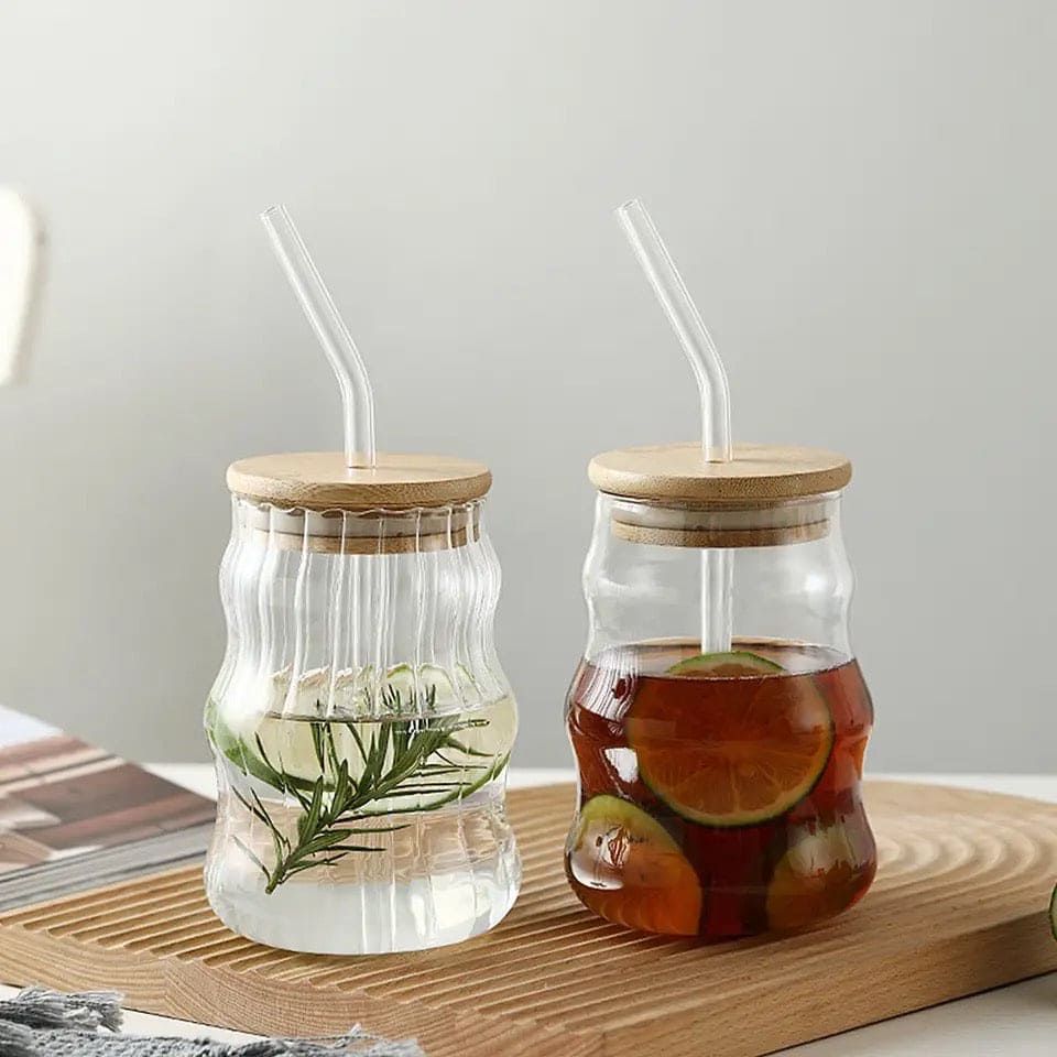 Minimalist Wavy Glass Tumbler with Bamboo Lid & Straw | 500ml