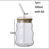 Minimalist Wavy Glass Tumbler with Bamboo Lid & Straw | 500ml