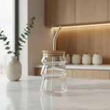Minimalist Wavy Glass Tumbler with Bamboo Lid & Straw | 500ml