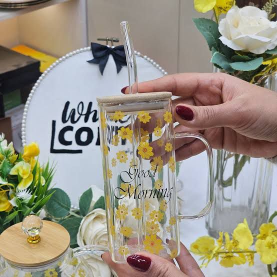 Floral Square Coffee Glass Tumbler with Bamboo Lid & Handle