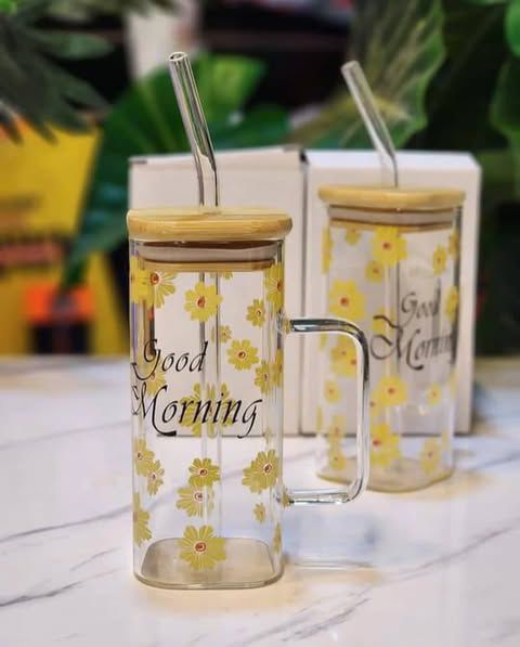 Floral Square Coffee Glass Tumbler with Bamboo Lid & Handle