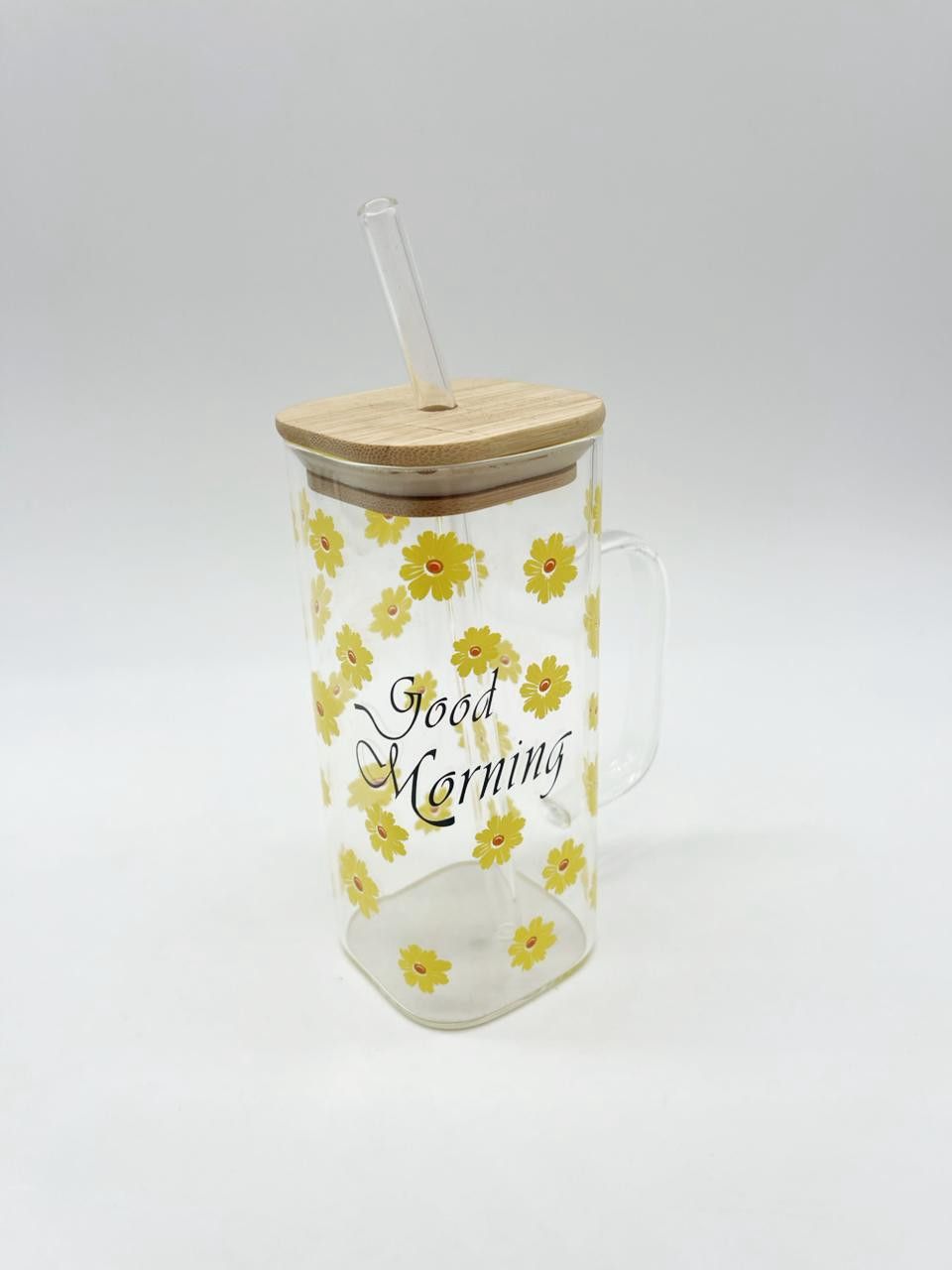 Floral Square Coffee Glass Tumbler with Bamboo Lid & Handle