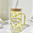 Floral Square Coffee Glass Tumbler with Bamboo Lid & Handle