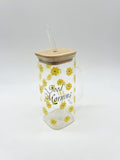 Floral Square Coffee Glass Tumbler with Bamboo Lid & Handle