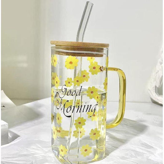 Floral Square Coffee Glass Tumbler with Bamboo Lid & Handle