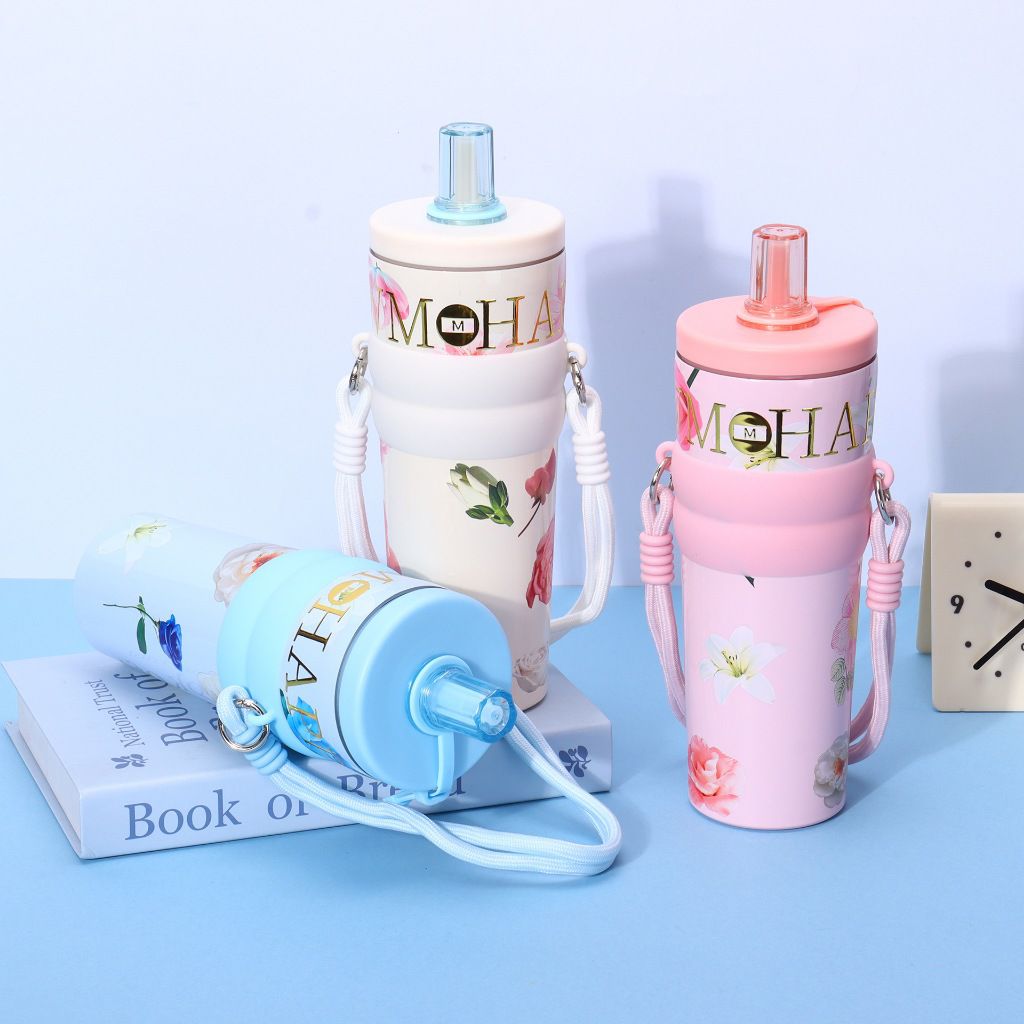 Elegant Floral Travel Tumbler with Woven Lanyard Strap & Silicone Grip