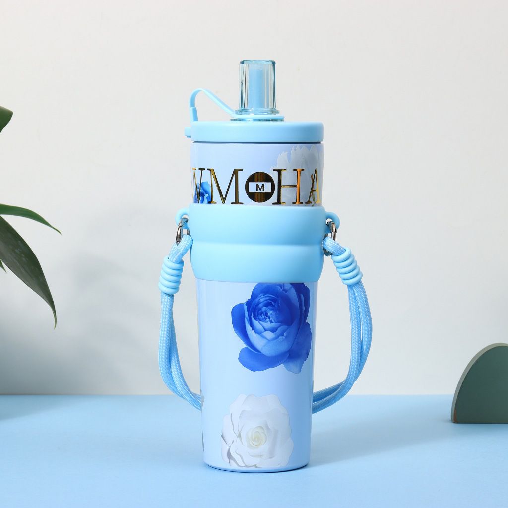 Elegant Floral Travel Tumbler with Woven Lanyard Strap & Silicone Grip