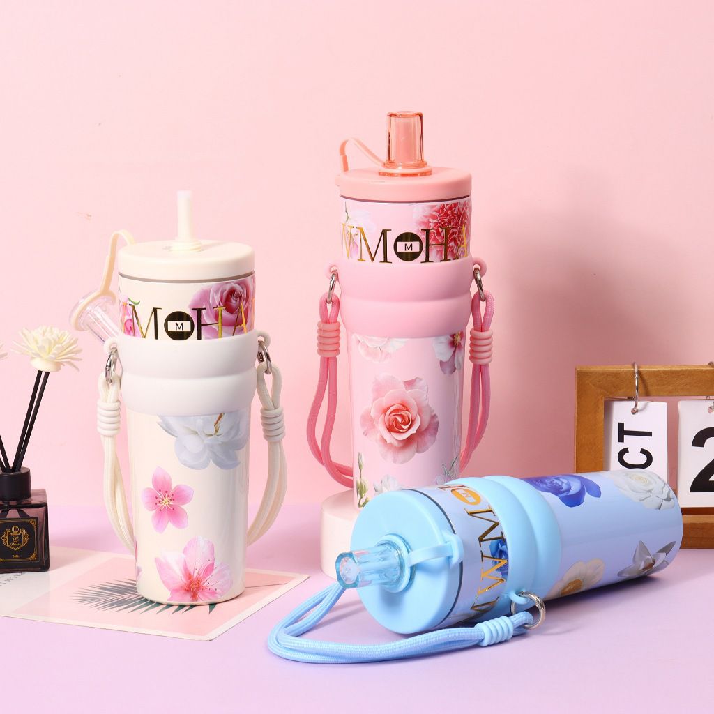 Elegant Floral Travel Tumbler with Woven Lanyard Strap & Silicone Grip