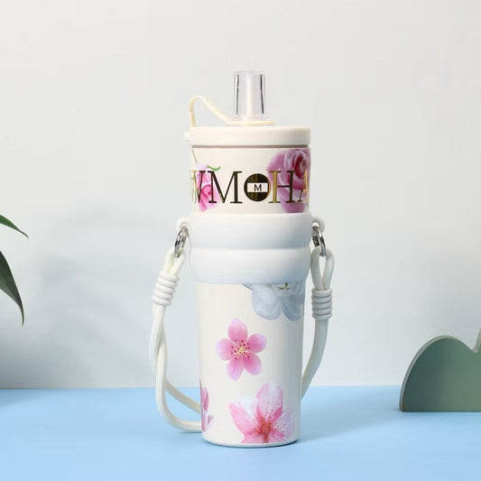 Elegant Floral Travel Tumbler with Woven Lanyard Strap & Silicone Grip