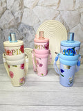 Elegant Floral Travel Tumbler with Woven Lanyard Strap & Silicone Grip