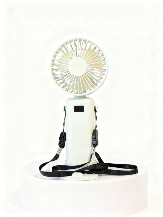 3-in-1 Wearable Portable Fan with LED Display & Neck Lanyard | Minimalist Cream